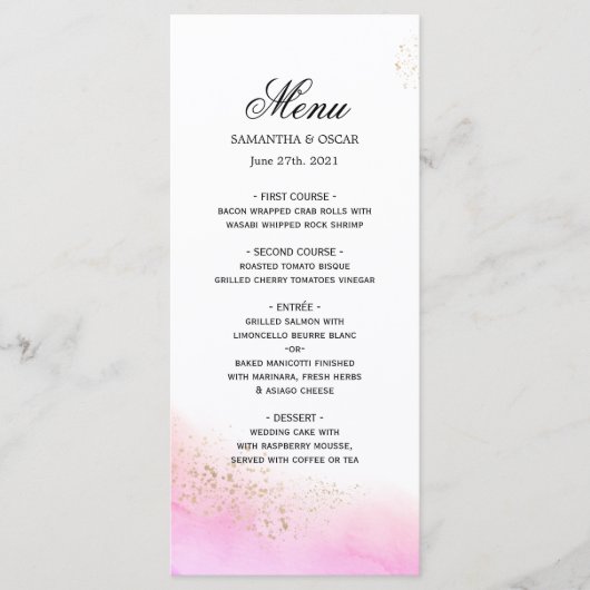 Abstracte Waterverf Roze penseelstreken & goud   Menu (Voorkant)