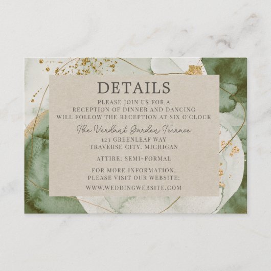 Abstracte Waterverf Sage Green Gold Wedding Informatiekaartje (Voorkant)