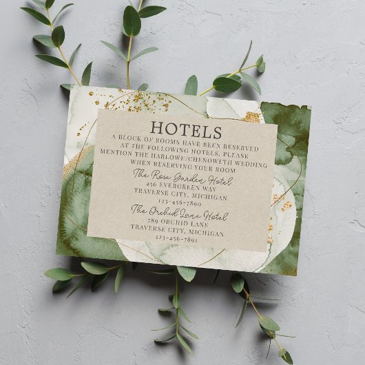 Abstracte Waterverf Sage Green Gold Wedding Informatiekaartje