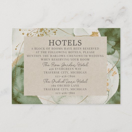 Abstracte Waterverf Sage Green Gold Wedding Informatiekaartje (Voorkant)