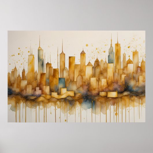 Abstracte Waterverf Schilderen Gouden Cityscape 3: Poster (Voorkant)