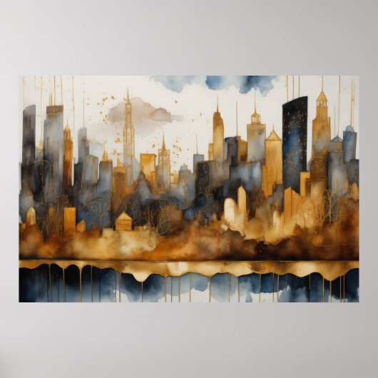 Abstracte Waterverf Schilderen Gouden Cityscape 3: Poster (Voorkant)