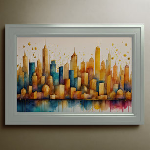 Abstracte Waterverf Schilderen Gouden Cityscape 3: Poster