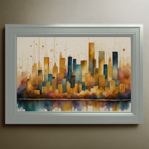 Abstracte Waterverf Schilderen Gouden Cityscape 3: Poster