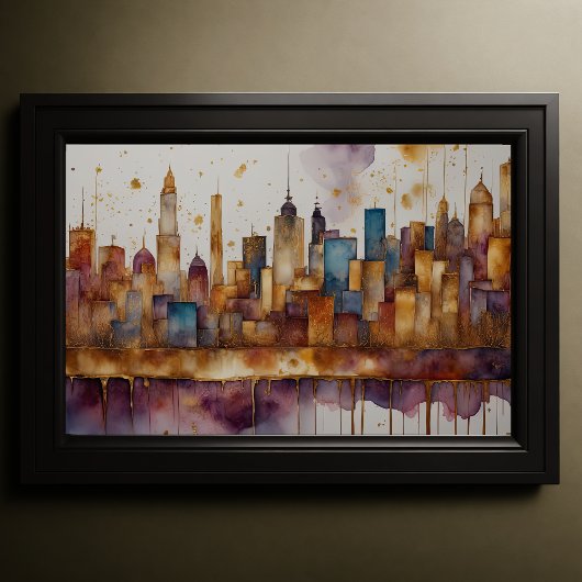 Abstracte Waterverf Schilderen Gouden Cityscape 3: Poster