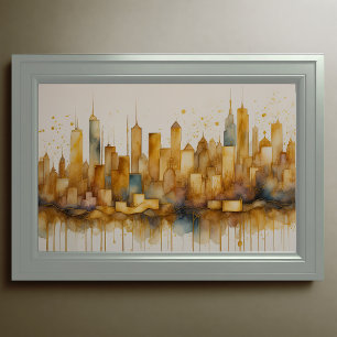 Abstracte Waterverf Schilderen Gouden Cityscape 3: Poster
