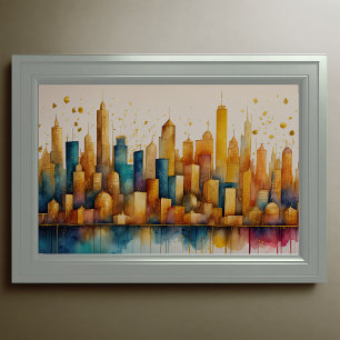 Abstracte Waterverf Schilderen Gouden Cityscape 3: Poster