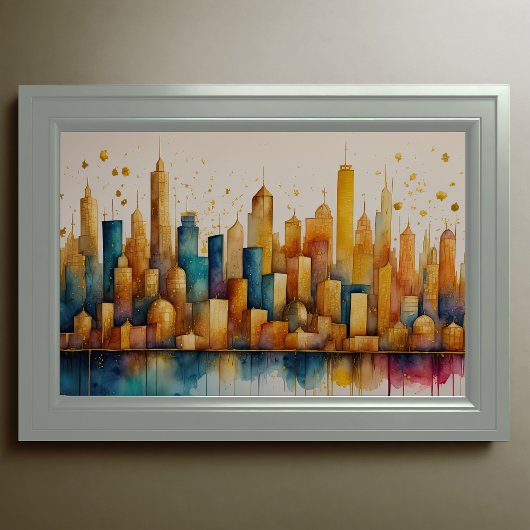 Abstracte Waterverf Schilderen Gouden Cityscape 3: Poster