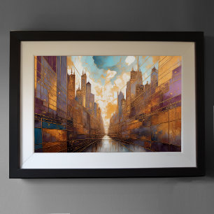 Abstracte Waterverf Schilderen Gouden Cityscape 3: Poster