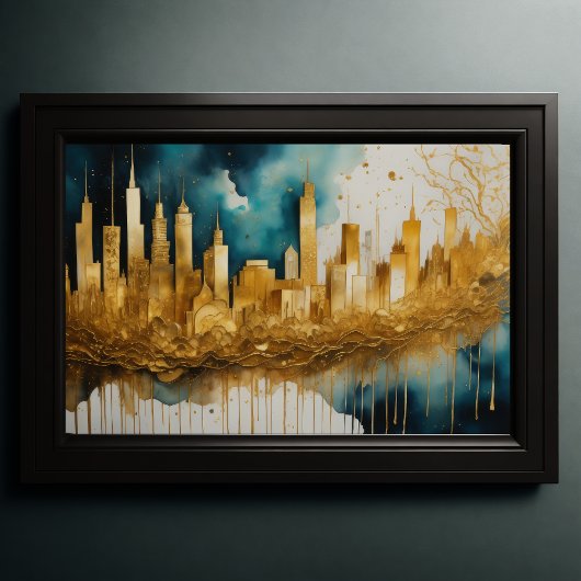Abstracte Waterverf Schilderen Gouden Cityscape 3: Poster