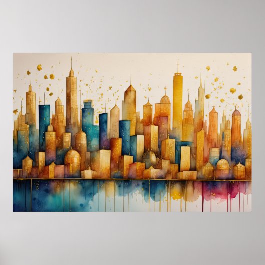 Abstracte Waterverf Schilderen Gouden Cityscape 3: Poster (Voorkant)
