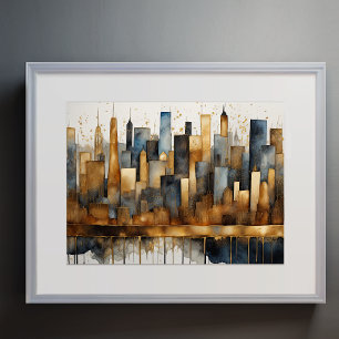 Abstracte Waterverf Schilderen Gouden Cityscape 4: Poster