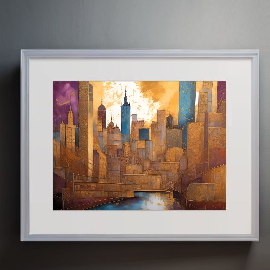 Abstracte Waterverf Schilderen Gouden Cityscape 4: Poster