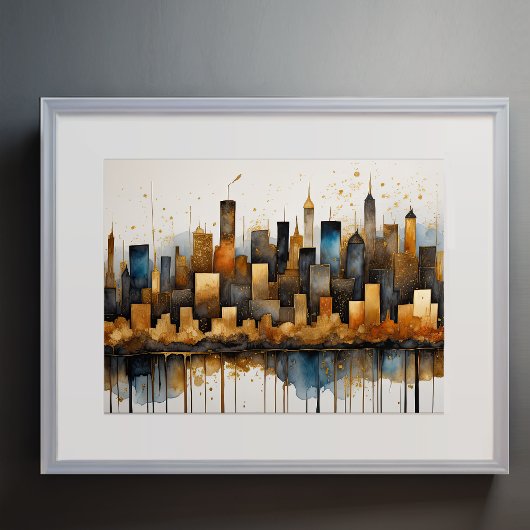 Abstracte Waterverf Schilderen Gouden Cityscape 4: Poster