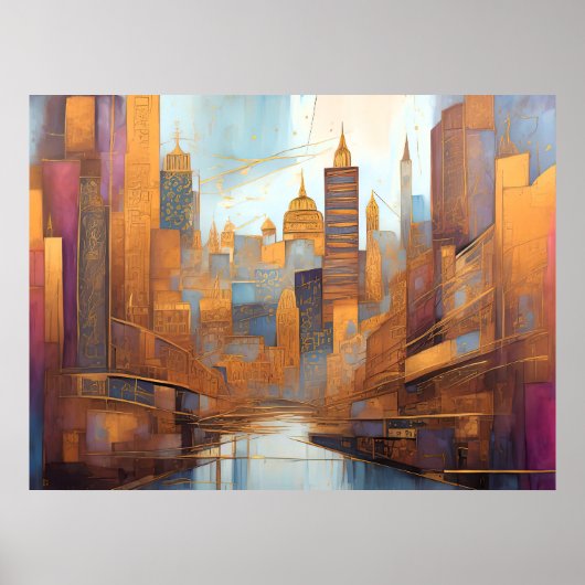 Abstracte Waterverf Schilderen Gouden Cityscape 4: Poster (Voorkant)