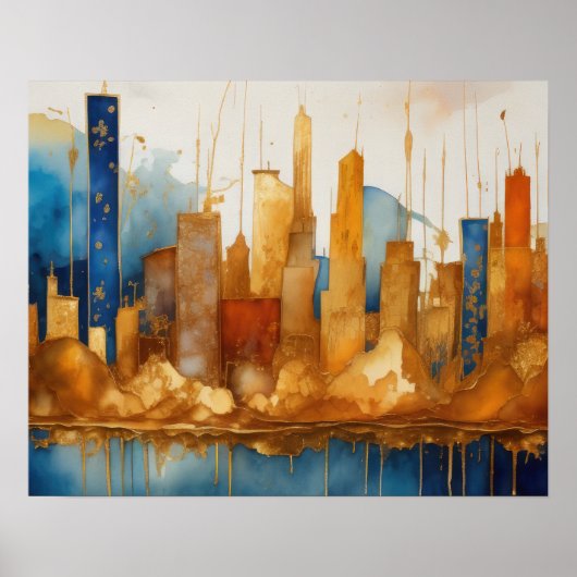 Abstracte Waterverf Schilderen Gouden Cityscape 5: Poster (Voorkant)