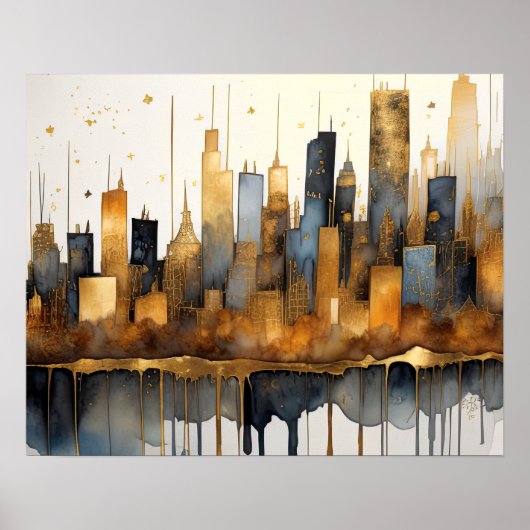 Abstracte Waterverf Schilderen Gouden Cityscape 5: Poster (Voorkant)