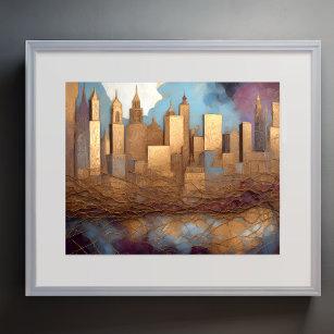 Abstracte Waterverf Schilderen Gouden Cityscape 5: Poster