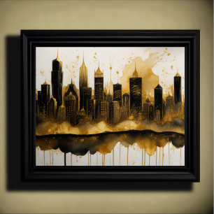 Abstracte Waterverf Schilderen Gouden Cityscape 5: Poster