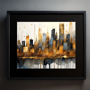 Abstracte Waterverf Schilderen Gouden Cityscape 5: Poster