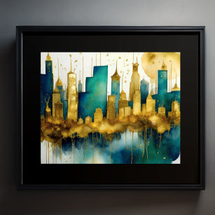Abstracte Waterverf Schilderen Gouden Cityscape 5: Poster