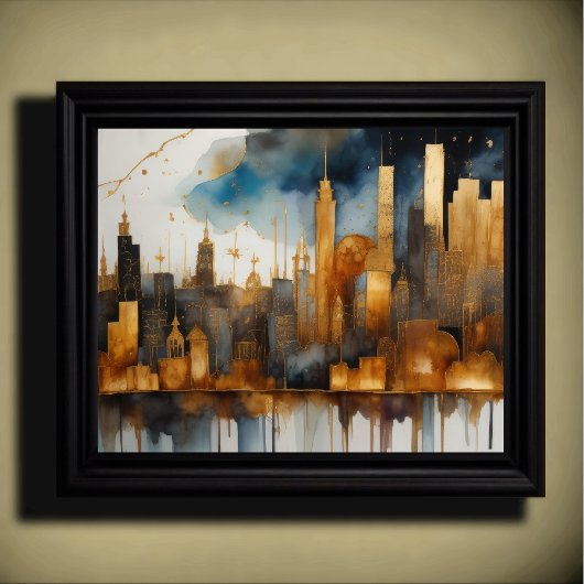 Abstracte Waterverf Schilderen Gouden Cityscape 5: Poster