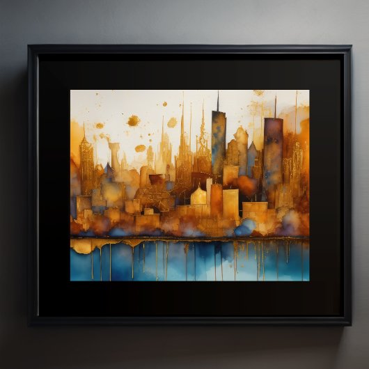 Abstracte Waterverf Schilderen Gouden Cityscape 5: Poster