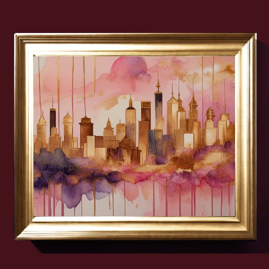 Abstracte Waterverf Schilderen Gouden Cityscape 5: Poster