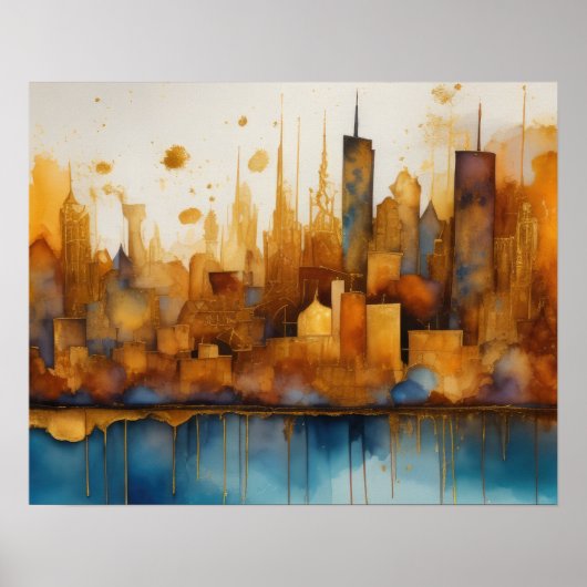 Abstracte Waterverf Schilderen Gouden Cityscape 5: Poster (Voorkant)