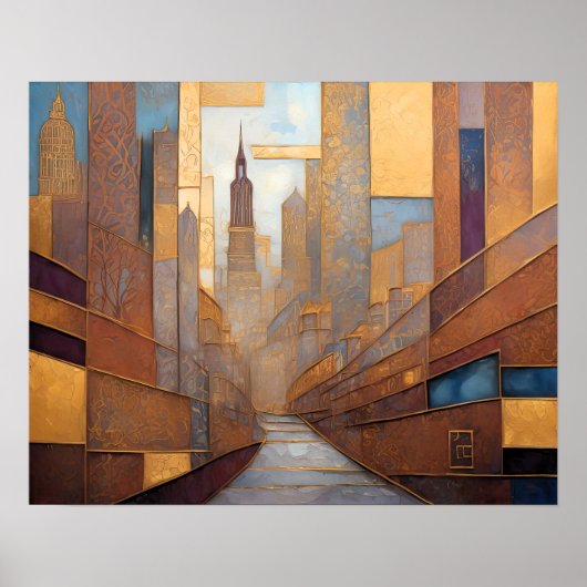Abstracte Waterverf Schilderen Gouden Cityscape 5: Poster (Voorkant)