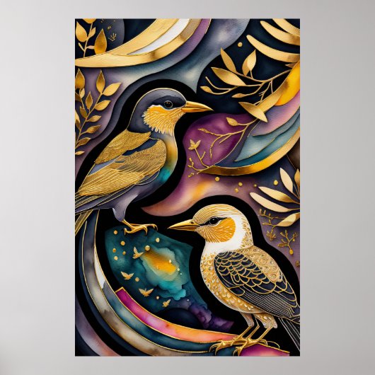 Abstracte Waterverf Schilderen van Vogels 2:3 Poster (Voorkant)