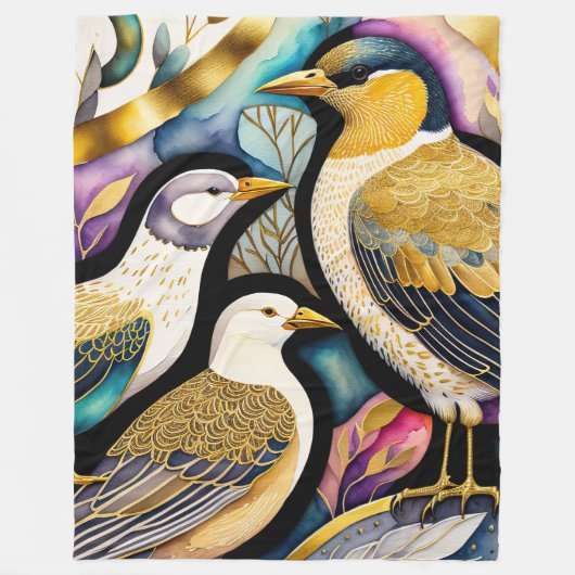 Abstracte Waterverf Schilderen van Vogels Fleece Deken (Voorkant)