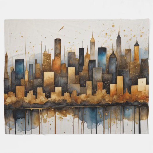 Abstracte Waterverf Schilderij Blauw Cityscape Fleece Deken (Voorkant (Horizontaal))