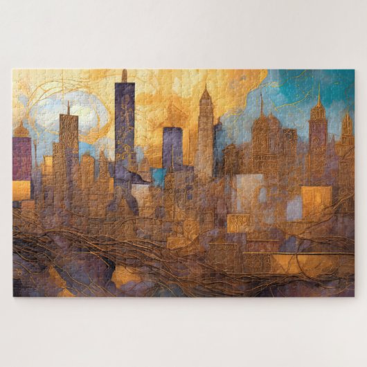 Abstracte Waterverf Schilderij Donker Cityscape Legpuzzel (Horizontaal)