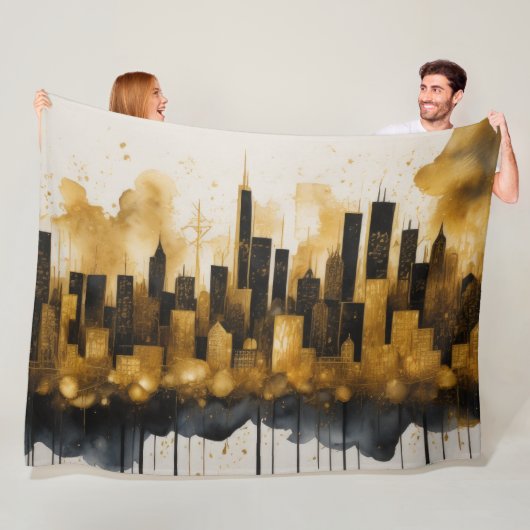 Abstracte Waterverf Schilderij Gouden Cityscape Fleece Deken (In situ)