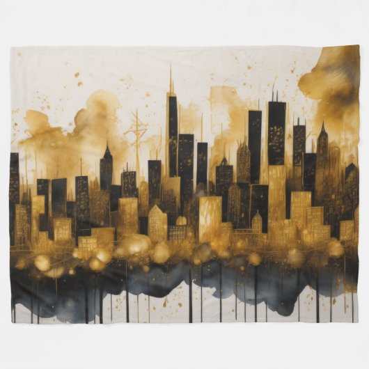 Abstracte Waterverf Schilderij Gouden Cityscape Fleece Deken (Voorkant (Horizontaal))