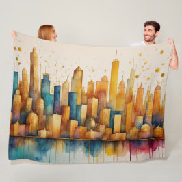 Abstracte Waterverf Schilderij Gouden Cityscape Fleece Deken