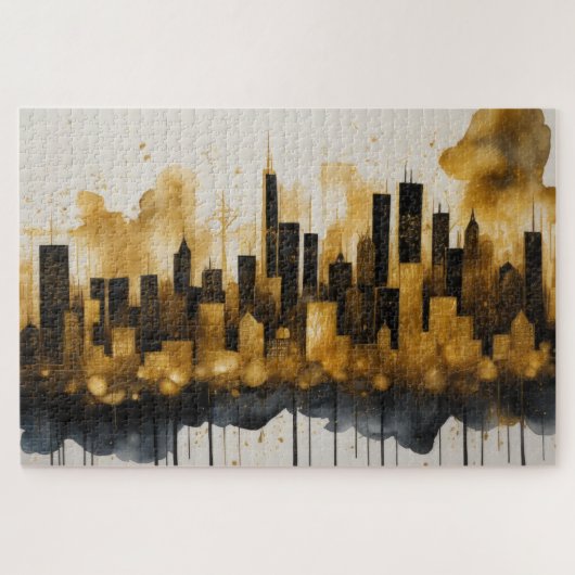 Abstracte Waterverf Schilderij Gouden Cityscape Legpuzzel (Horizontaal)