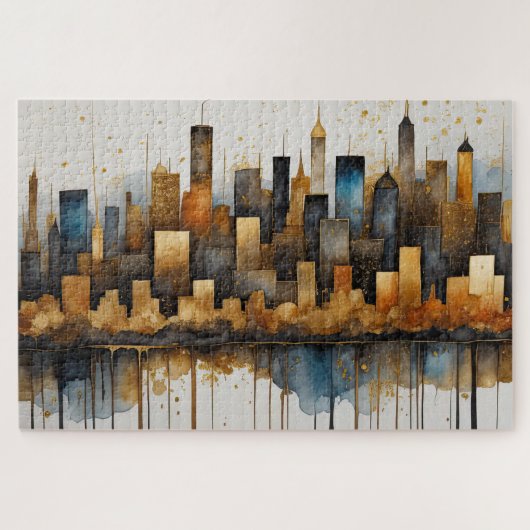 Abstracte Waterverf Schilderij Gouden Cityscape Legpuzzel (Horizontaal)