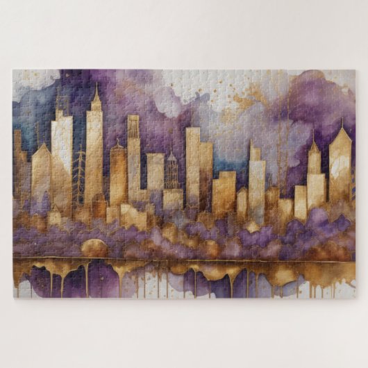 Abstracte Waterverf Schilderij Gouden Cityscape Legpuzzel (Horizontaal)