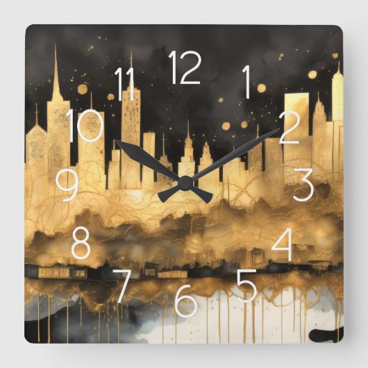Abstracte Waterverf Schilderij Gouden Cityscape Vierkante Klok (Voorkant)