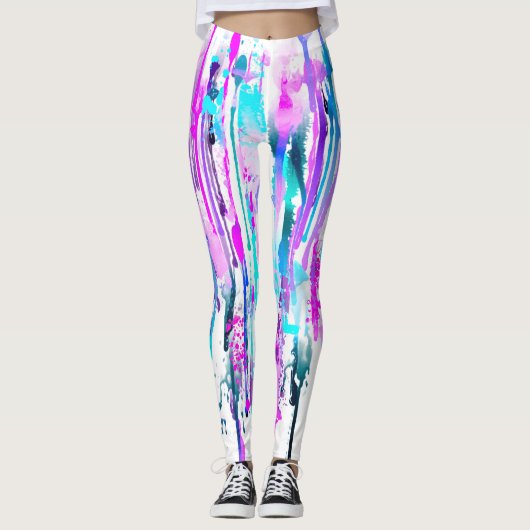 Abstracte Waterverf Streven blauw Turquoise Roze Leggings (Voorkant)