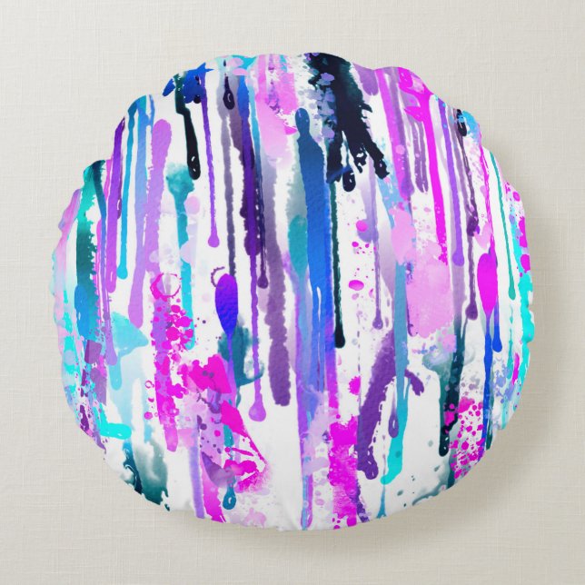 Abstracte Waterverf Streven blauw Turquoise Roze Rond Kussen (Voorkant)