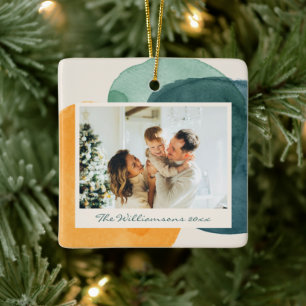 Abstracte waterverf tealblauwe familiefoto op maat keramisch ornament