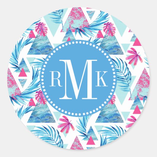 Abstracte Waterverf Tropisch lefpatroon Ronde Sticker (Voorkant)