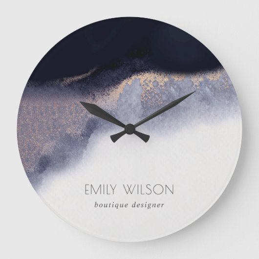 Abstracte Waterverf van Navy Black Gold Foil Wash Grote Klok (Voorkant)