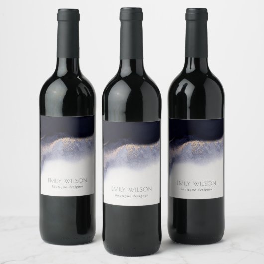 Abstracte Waterverf van Navy Black Gold Foil Wash Wijn Etiket (Flessen)