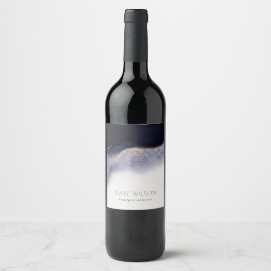 Abstracte Waterverf van Navy Black Gold Foil Wash Wijn Etiket (Voorkant)