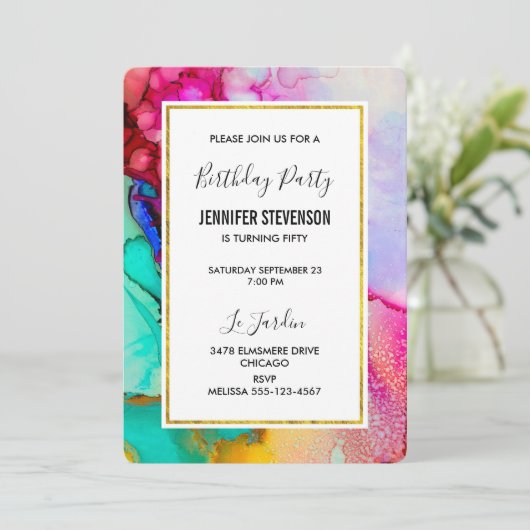 Abstracte Waterverf van roze en Turquoise Birthday Kaart (Staand voorkant)