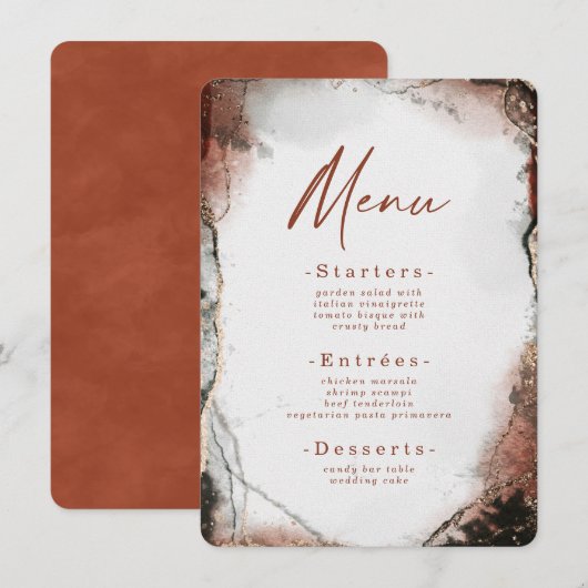 Abstracte Waterverf verbrande Oranje bruiloft Menu (Voorkant / Achterkant)